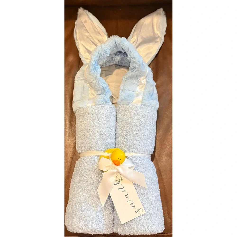 Swankie Blankie Minky Hooded Towel Light Blue Bunny Ears Faux Fur Satin Trim NEW
